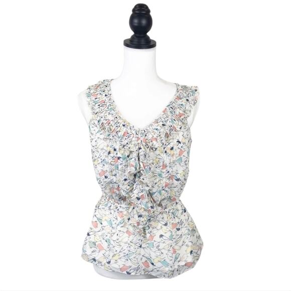 LC Lauren Conrad Bird Print Ruffled Sleeveless Blouse with Elastic Waist Small - Picture 1 of 12
